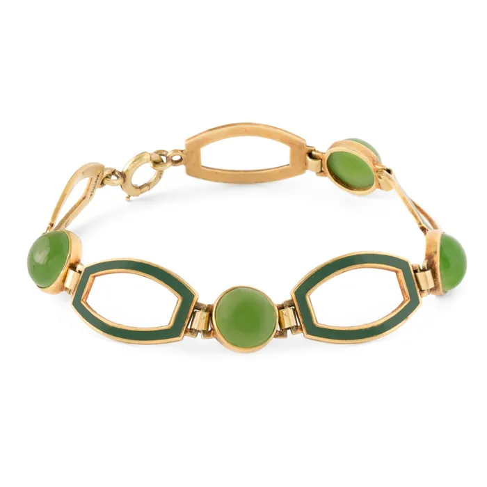Vintage Bracelets Green Chalcedony Enamel and 14K Gold Link Bracelet