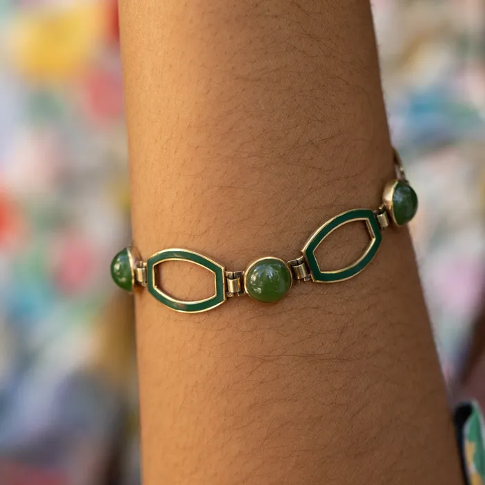 Vintage Bracelets Green Chalcedony Enamel and 14K Gold Link Bracelet