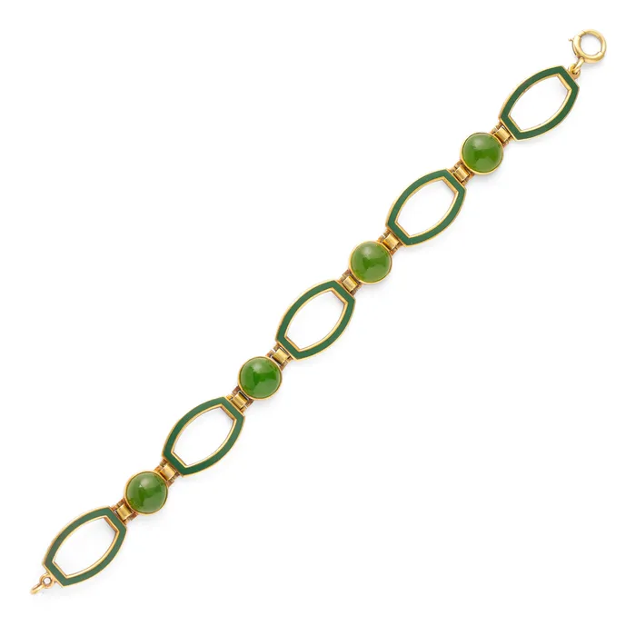 Vintage Bracelets Green Chalcedony Enamel and 14K Gold Link Bracelet