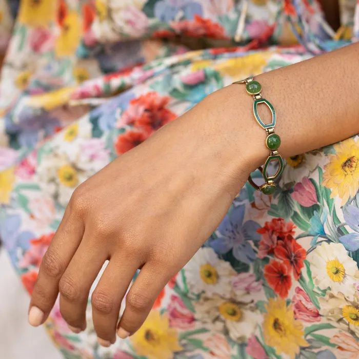 Vintage Bracelets Green Chalcedony Enamel and 14K Gold Link Bracelet
