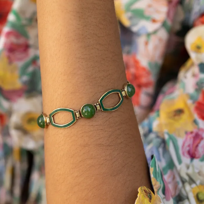 Vintage Bracelets Green Chalcedony Enamel and 14K Gold Link Bracelet