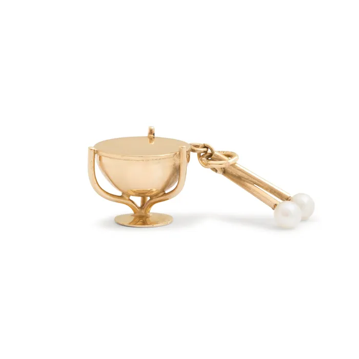 Vintage Necklaces Drum and Drumstick 14K Yellow Gold and Pearl Charm