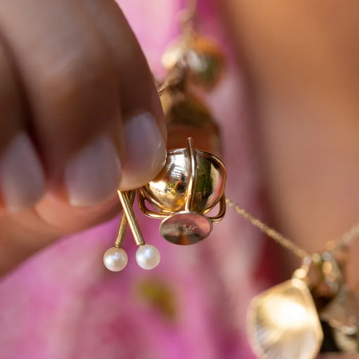 Vintage Necklaces Drum and Drumstick 14K Yellow Gold and Pearl Charm