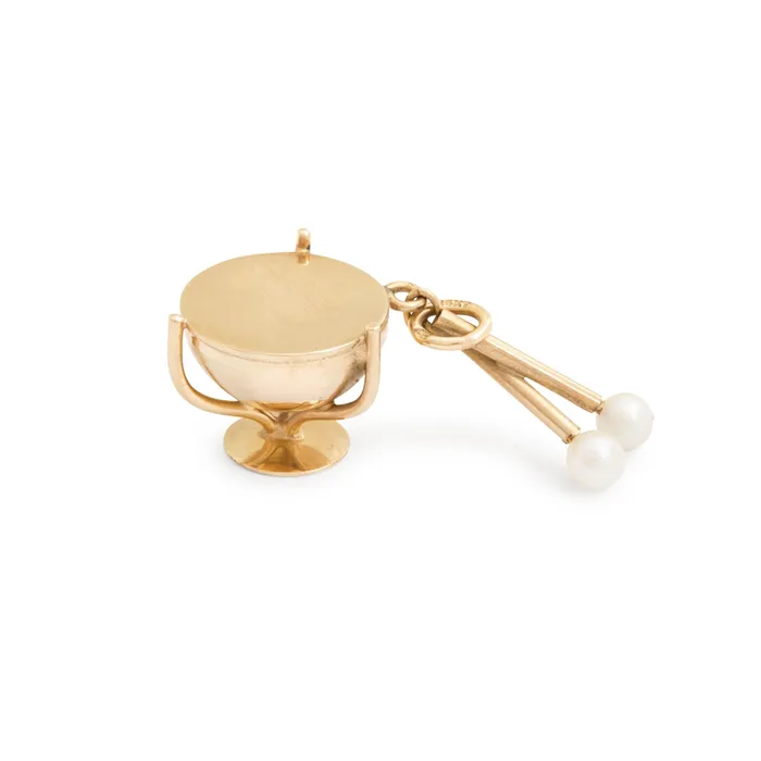 Vintage Necklaces Drum and Drumstick 14K Yellow Gold and Pearl Charm