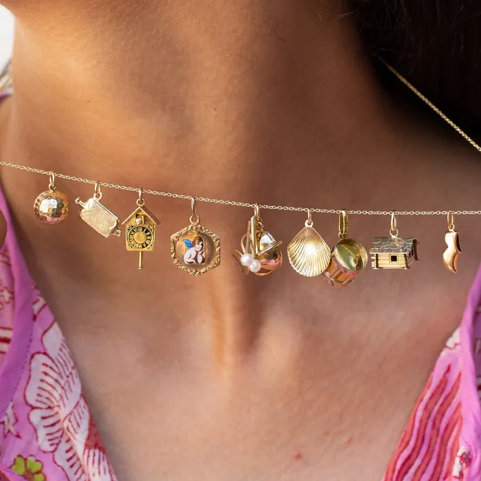 Vintage Necklaces Drum and Drumstick 14K Yellow Gold and Pearl Charm