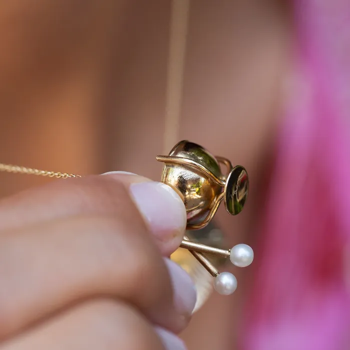 Vintage Necklaces Drum and Drumstick 14K Yellow Gold and Pearl Charm