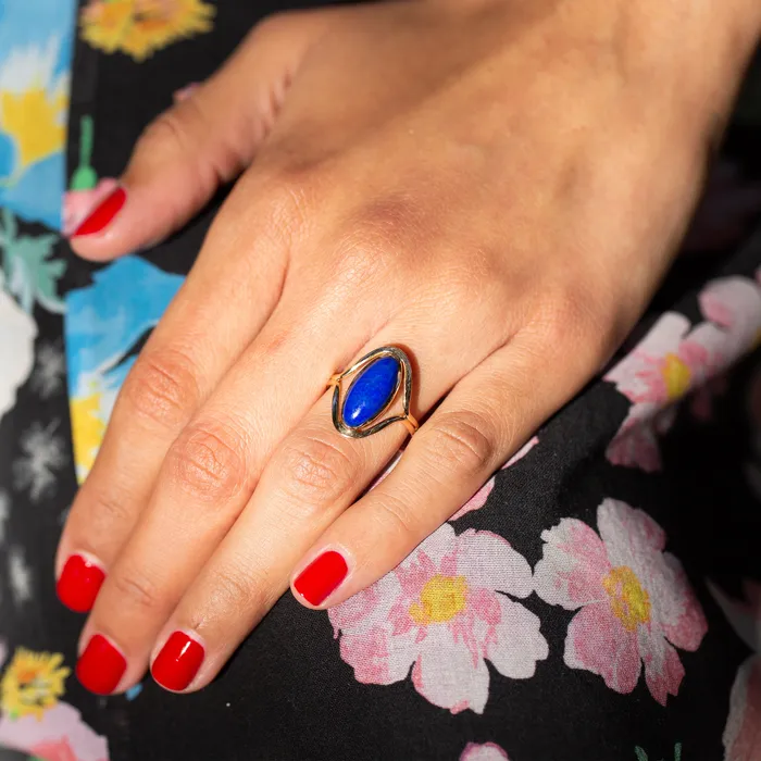 Vintage Rings Lapis Lazuli and 14k Gold Split Shank Ring