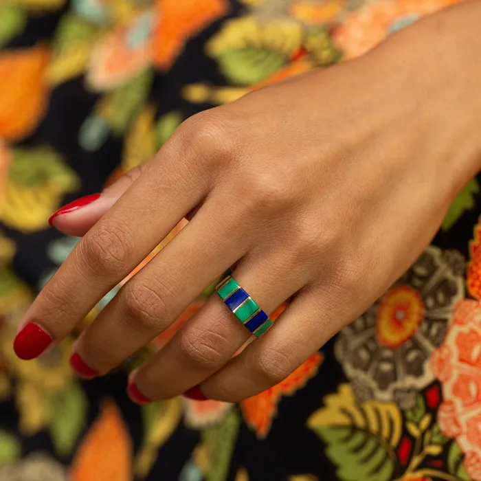 Vintage Rings Malachite and Lapis Lazuli Inlay 18k Gold Ring