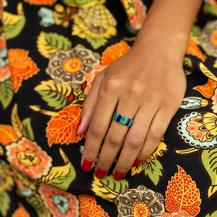 Vintage Rings Malachite and Lapis Lazuli Inlay 18k Gold Ring
