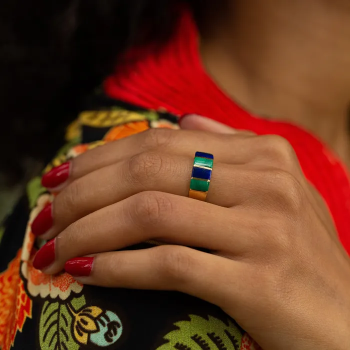 Vintage Rings Malachite and Lapis Lazuli Inlay 18k Gold Ring