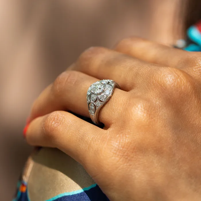 Vintage Rings MidCentury Diamond and Platinum Floral Domed Ring
