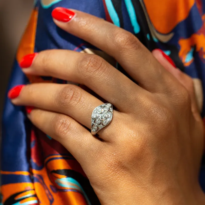 Vintage Rings MidCentury Diamond and Platinum Floral Domed Ring