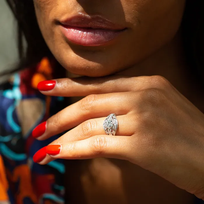 Vintage Rings MidCentury Diamond and Platinum Floral Domed Ring
