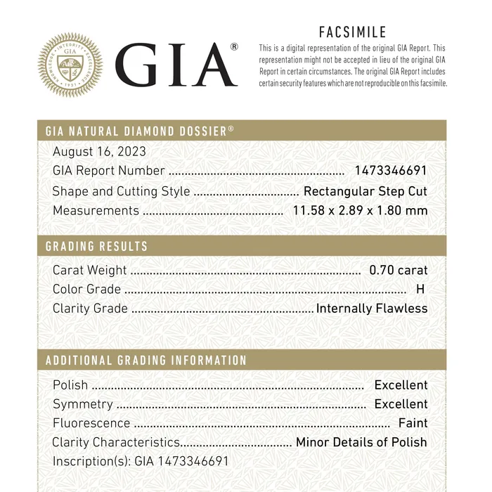 070ct 1158x289x180mm GIA Internally Flawless H Baguette Step Cut 2430001 Misfit Diamonds Rings