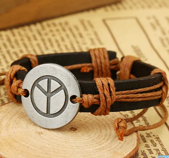 01 Bracelets B562 Silver Peace Sign Light Brown Cord Leather Bracelet