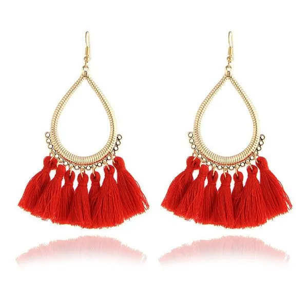 01 E316 Gold Teardrop Red Tassel Earrings Earrings