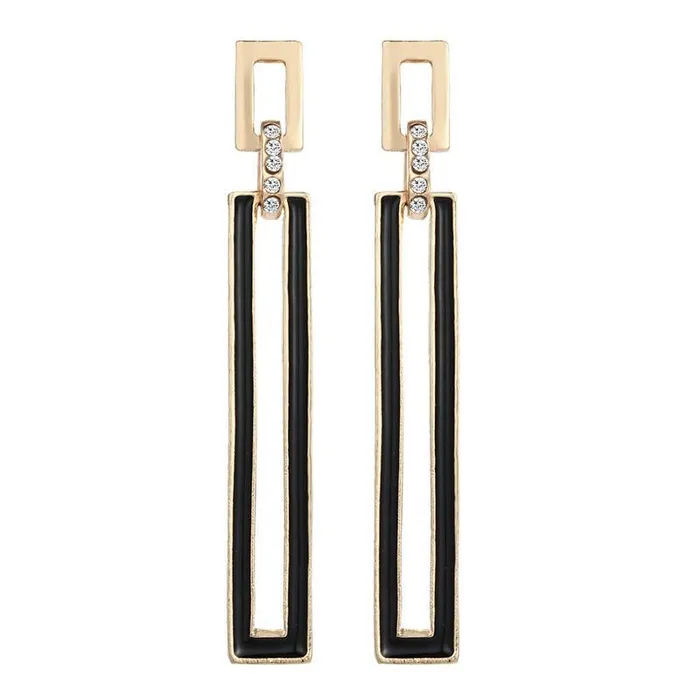 01 Earrings E481 Gold Black Long Rectangle with Rhinestones Earrings