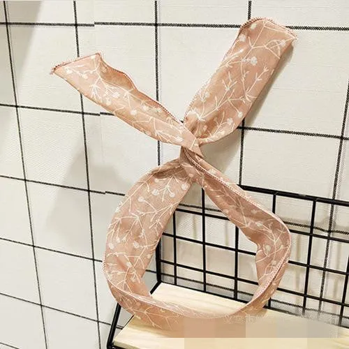 01 H266 Pale Pink Floral Pattern Wire Cloth Hair Band Rings