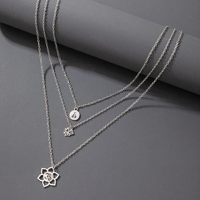 01 N2003 Silver Multi Layer Lotus Flower Necklace with FREE Earrings Necklaces