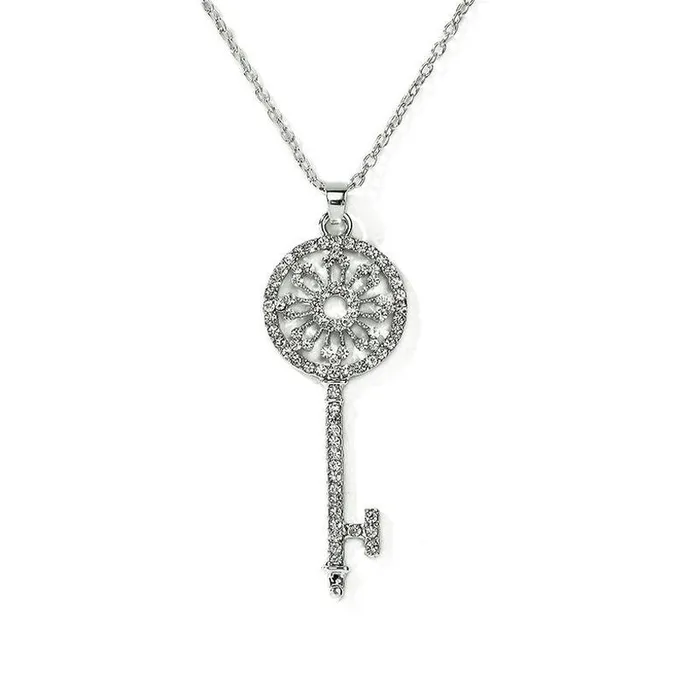 01 Necklaces N1303 Silver Rhinestone Key Necklace with FREE Earrings