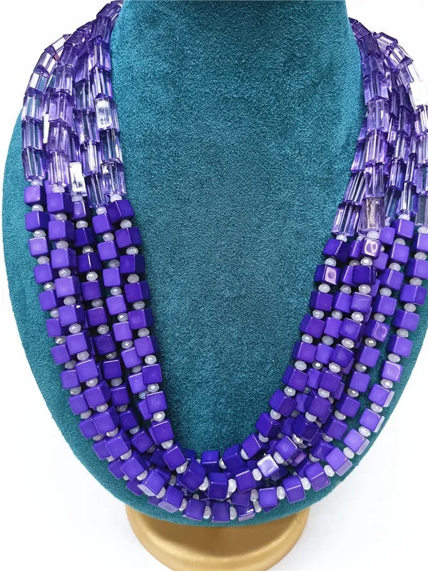01 Necklaces N1989 Purple Square Bead Multi Strand Necklace with FREE Earrings