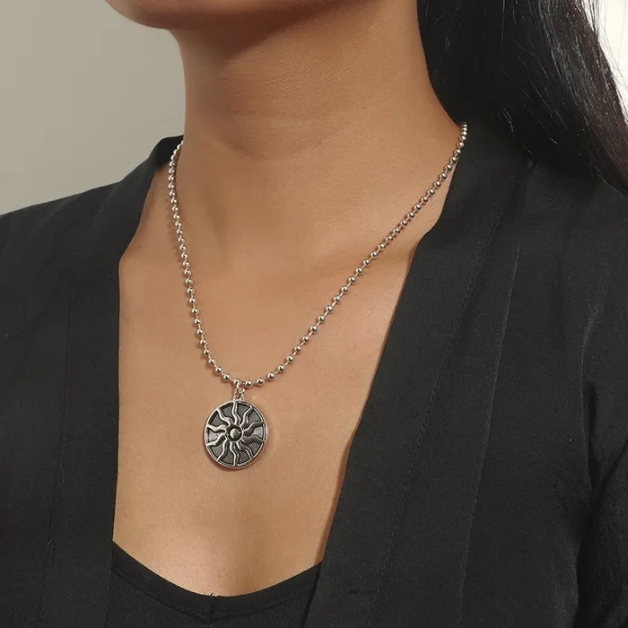 01 Necklaces N581 Silver Sun on Beaded Chain Necklace with FREE EARRINGS