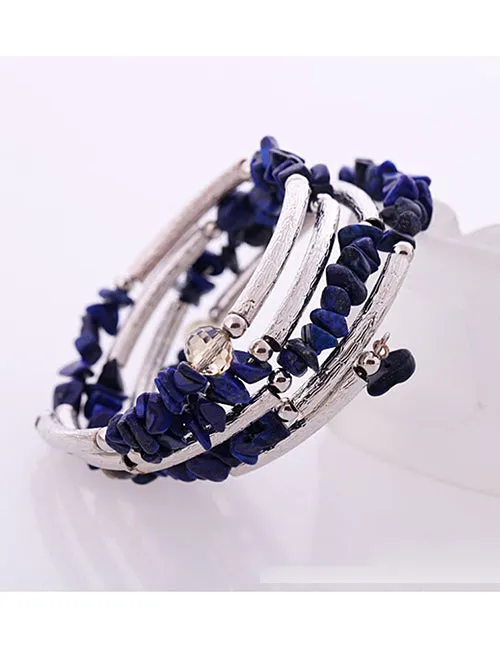 02 B1144 Silver Blue Stone Coil Bracelet Bracelets