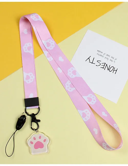 02 Charm Necklaces LY36 Pink Paw Prints Hearts with Charm Lanyard