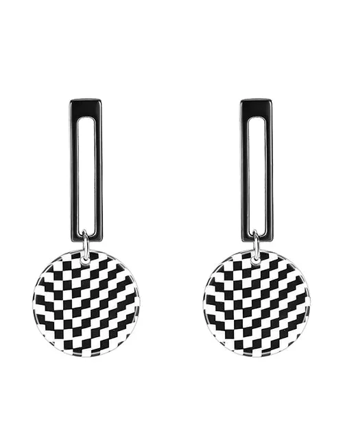 02 E1839 Silver Rectangle Black White Round Checkered Earrings Earrings