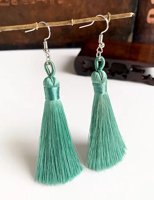 02 Earrings E136 Sage Green Long Tassel Earrings