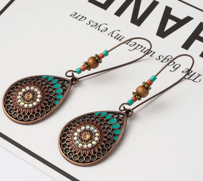 02 Earrings E1617 Bronze Teardrop Bead Iridescent Rhinestone Earrings