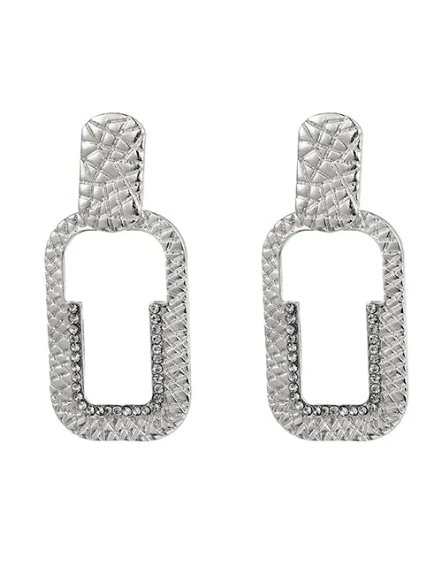 02 Earrings E99 Silver Textured Hollow Rectangle Earrings