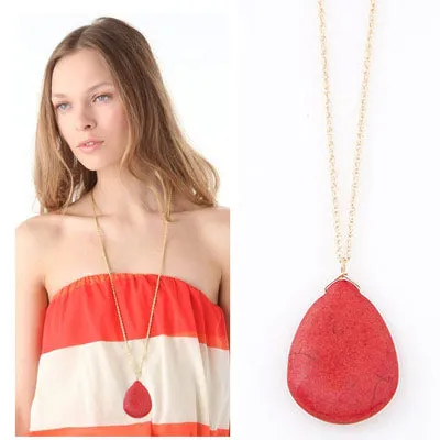 02 N1627 Gold Red Crackle Gemstone Long Necklace with FREE Earrings Necklaces