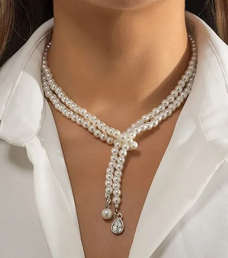 02 Necklaces AZ1042 Silver Pearl Necklace with FREE Earrings