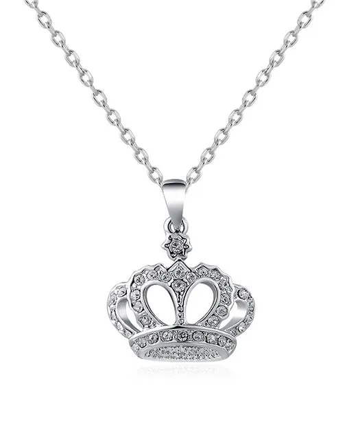 02 Necklaces N1242 Silver Crown with Gems Necklace with Free Earrings