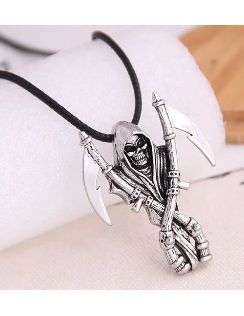 02 Necklaces N1315 Silver Reaper Pendant on Leather Cord Necklace