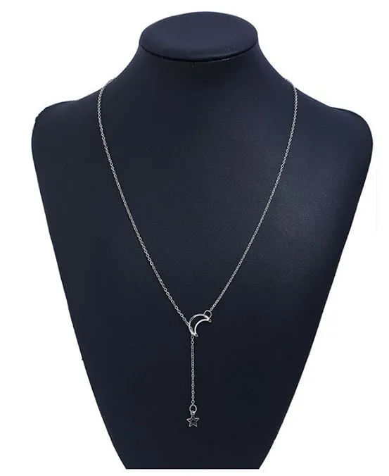 02 Necklaces N1317 Silver Dainty Star Moon Necklace with FREE Earrings