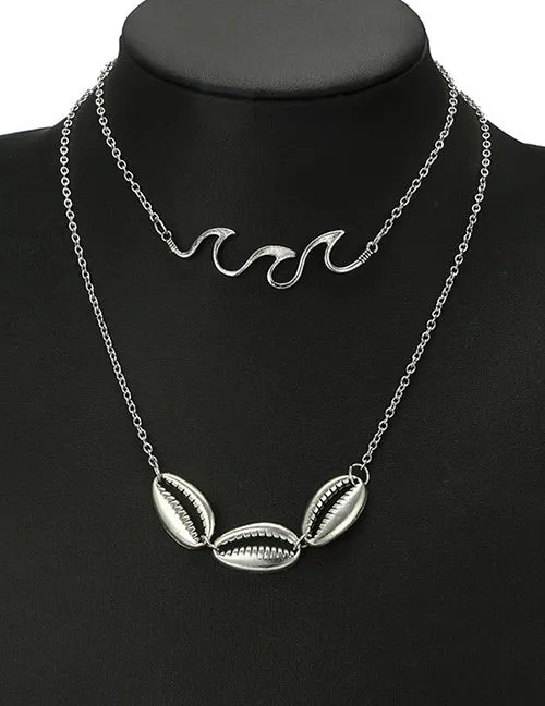02 Necklaces N173 Silver Layered Shell Waves Necklace With Free Earrings
