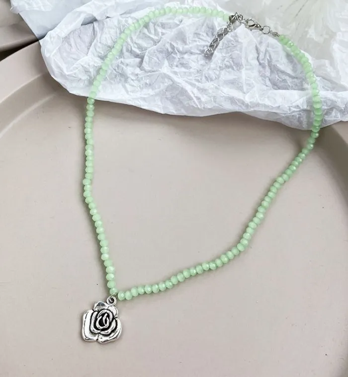 02 Necklaces N1866 Silver Mint Green Bead Rose Necklace with FREE Earrings