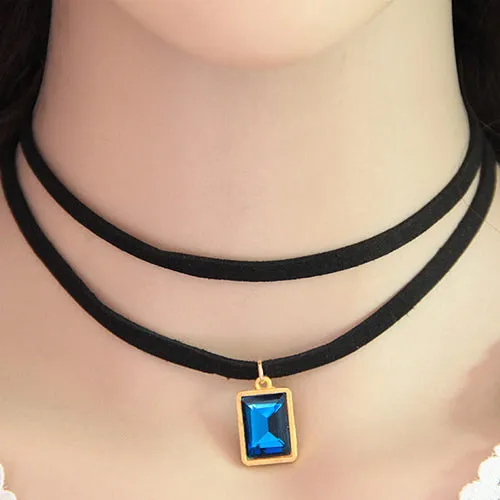 02 Necklaces N677 Blue Gem Cord Choker Necklace with FREE Earrings