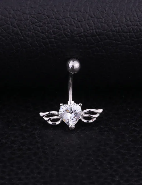 02 Rings P43 Silver Rhinestone Heart with Wings Belly Button Ring