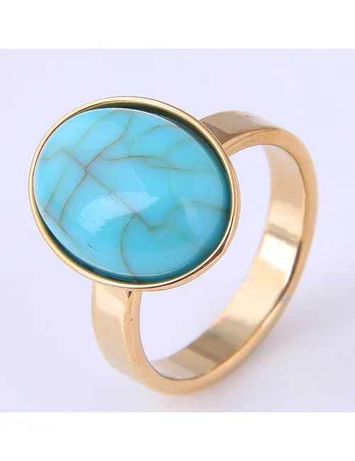 02 Rings R521 Gold Blue Crackle Stone Ring