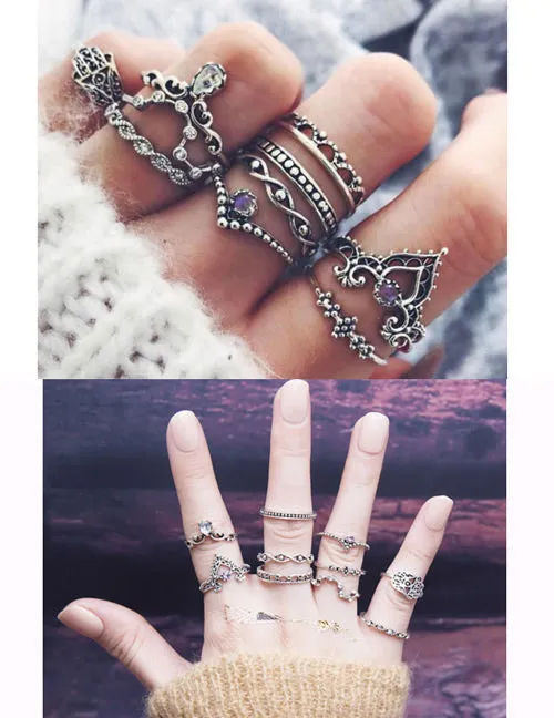 02 Rings RS44 Silver Color Purple Clear Rhinestone 10 Piece Ring Set