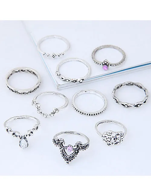 02 Rings RS44 Silver Color Purple Clear Rhinestone 10 Piece Ring Set