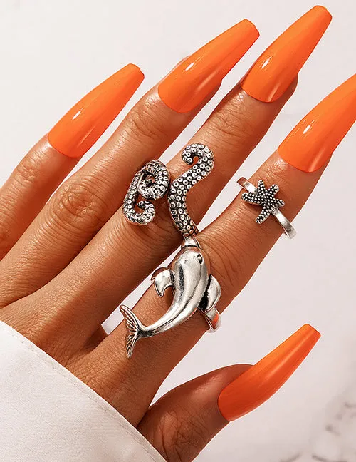 02 Rings RS75 Silver Color Dolphin Tentacles Starfish 3 Piece Ring Set