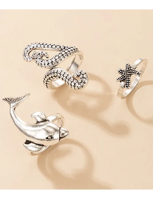02 Rings RS75 Silver Color Dolphin Tentacles Starfish 3 Piece Ring Set