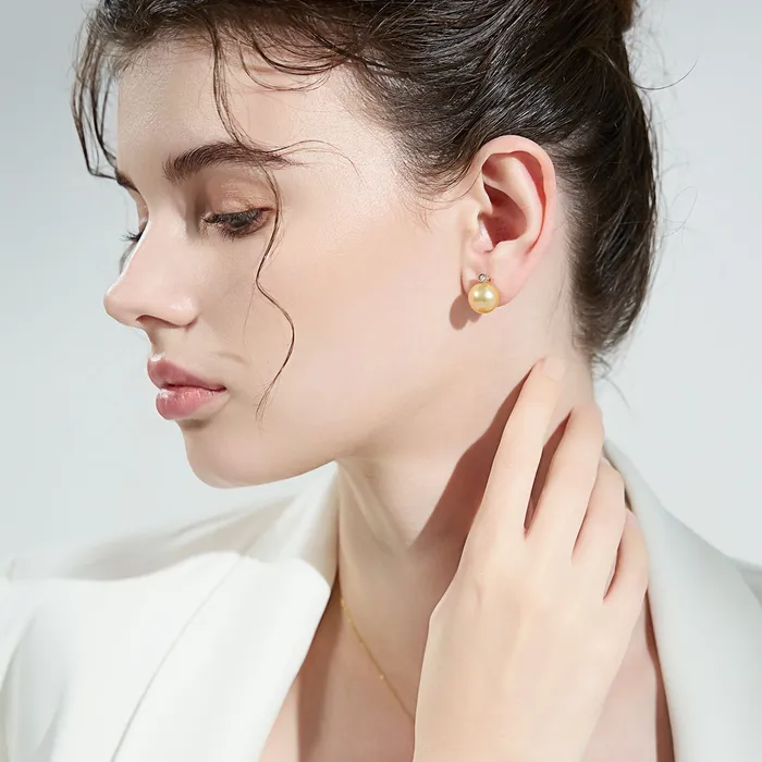 18K Solid Gold South Sea Golden Pearl Stud Earrings KE00164 Pearly Lustre Earrings