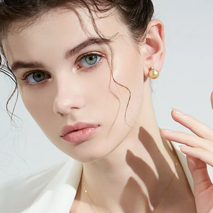18K Solid Gold South Sea Golden Pearl Stud Earrings KE00164 Pearly Lustre Earrings