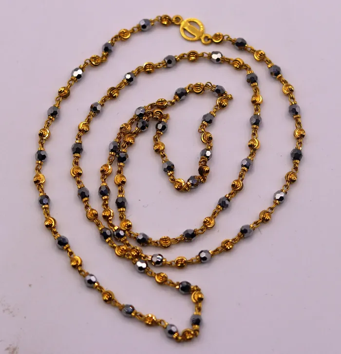 22kt yellow gold handmade fabulous diamond cut design beads with black stone beads mala chain necklace unisex jewelry TRIBAL ORNAMENTS Necklaces