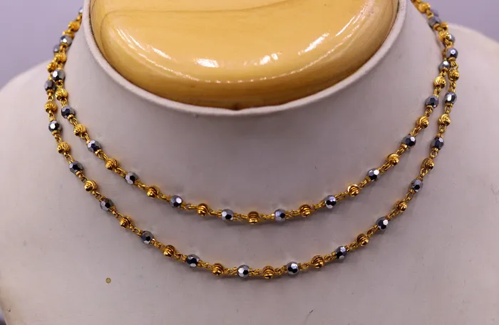 22kt yellow gold handmade fabulous diamond cut design beads with black stone beads mala chain necklace unisex jewelry TRIBAL ORNAMENTS Necklaces